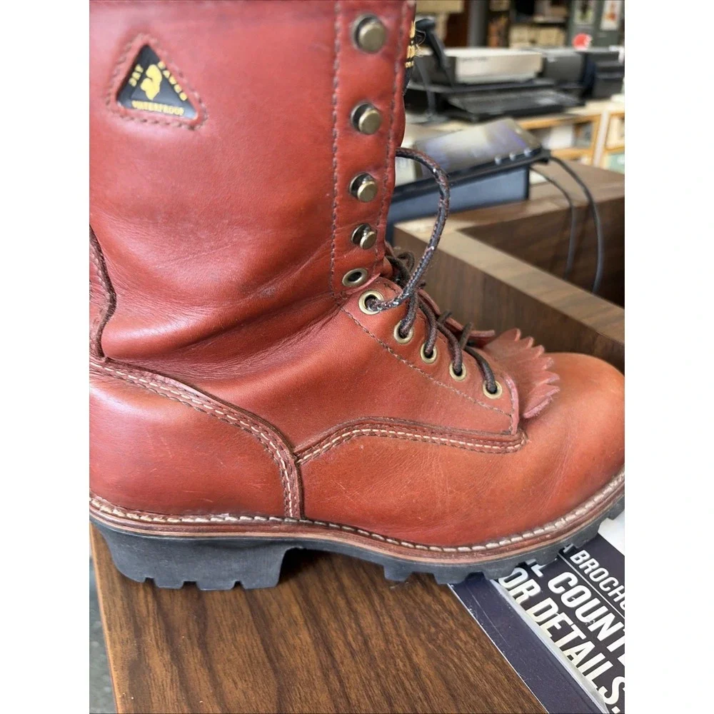 VTG Golden Retriever 9015 Deluxe Logger Boots Men's 8M Red Oak - Excellent Tread